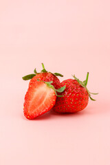 Strawberry isolated. Strawberries isolate. Whole, half, cut strawberry on pink background. Strawberries isolate. Side view organic strawberries.