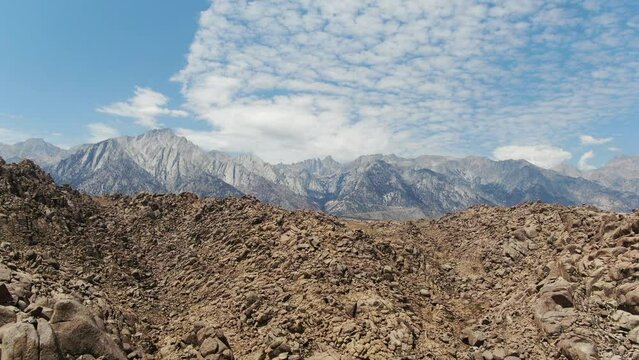 Mt Whitney from Alabama Hills Aerial Shot Rocky Canyon Wide Back Eastern Sierra California USA