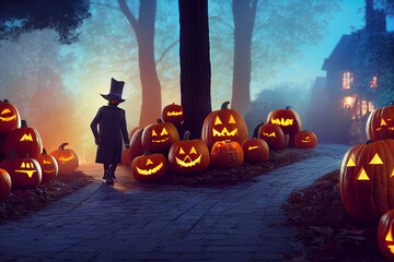 Jack o lantern man on the street with pumpkins, Halloween Background.