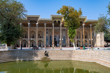 View of the ancient Bolo-Hauz mosque on a sunny day. Bukhara, Uzbekistan