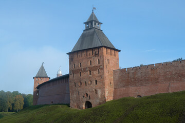 Fototapeta na wymiar September morning at the ancient walls of the Kremlin of Veliky Novgorod. Russia
