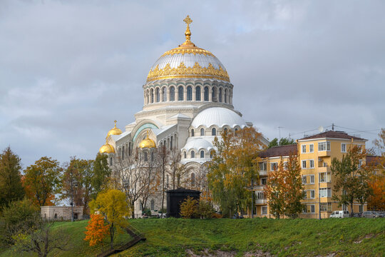 Cathedral of St. Nicholas the Wonderworker in autumn landscape on October afternoon. Kronstadt, Russia