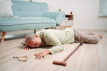 Asian senior man falling on the ground with walker in living room at home. Elderly older mature...