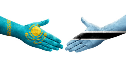 Handshake between Botswana and Kazakhstan flags painted on hands, isolated transparent image.