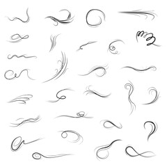 Big Set Black Collection Simple Line Winds Gust Squall Curl Doodle Outline Nature Element Vector Design Style Sketch Isolated Illustration