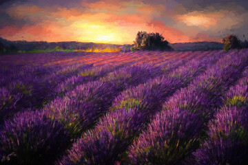 Fototapeta premium Beautiful purple lavender field at sunset. Painting effect.