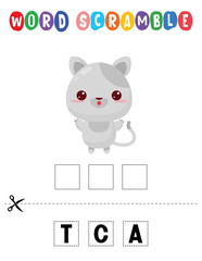 Cat Word scramble . Educational game for kids. English language spelling worksheet for preschool children