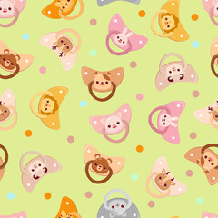 Fototapeta premium Seamless children's pattern on a green background. A dummy with animals. Pacifier for children