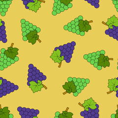 Seamless pattern with green and blue grapes on an orange background