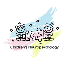 Vector logo for child psychiatry. Education and training of children. Special child, autism, neuropsychology for children, children's education. A girl and a boy are playing puzzles.