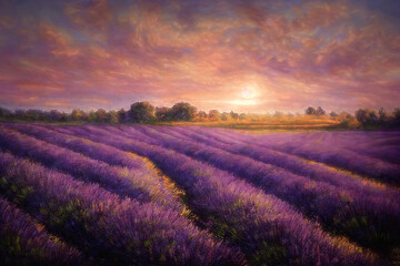 Naklejka na ściany i meble Beautiful purple lavender field at sunset. Painting effect.
