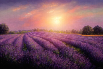 Fototapeta na wymiar Beautiful purple lavender field at sunset. Painting effect.