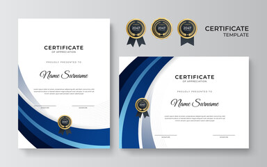 Modern blue and gold certificate template design for business and achievement award with gold badge