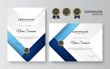 Modern blue and gold certificate template design for business and achievement award with gold badge