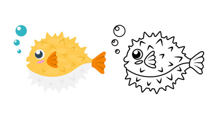 Cute smiling pufferfish with bubbles in color and outline version. Cartoon exotic tropical fish. Isolated on white background. Flat vector illustration