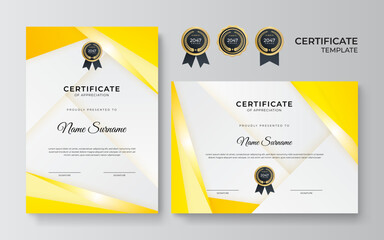 Obraz na płótnie Canvas Modern orange and yellow certificate template design for business and achievement award with gold badge