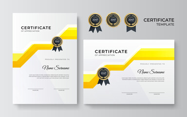 Fototapeta premium Modern orange and yellow certificate template design for business and achievement award with gold badge