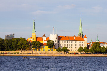 View of Riga palace, Cathedral, St. Peter's Church and The Factory Church of St. Savior, Riga Castle is a castle on the banks of River Daugava, the official residence of president