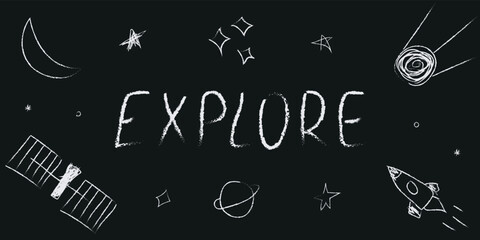 Doodle cosmos illustration set in childish style, design clipart. Hand drawn abstract space elements with lettering. Black and white.