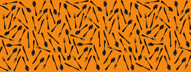 pattern Top view of fork, spoon, knife on orang background. Template for applying to the surface. Horizontal image. Banner for insertion into site. Flat lay. 3D image. 3D visualization.