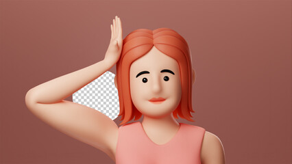 Portrait smiling cute girl, pink t-shirt. dizzy alot of problem gesture Minimal stylized art. 3d render on brown background