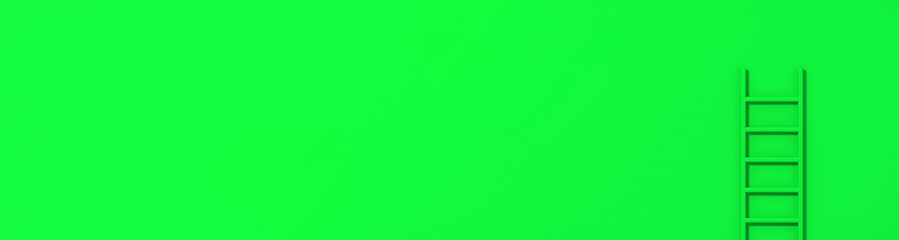 Green staircase on green background. Staircase stands vertically near wall. Way to success concept. Banner for insertion into site. Place for text cope space. 3d image. 3D rendering.