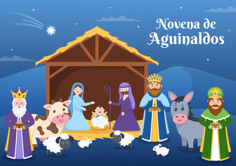 Novena De Aguinaldos Holiday Tradition in Colombia for Families to Get Together at Christmas in Flat Cartoon Hand Drawn Templates Illustration
