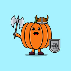 Cute cartoon character Pumpkin viking pirate with hat and holding ax and shield 