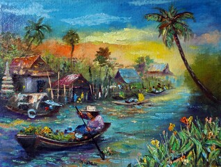 Fototapeta na wymiar Art painting Oil color , Countryside in the provinces Thailand on canvas 