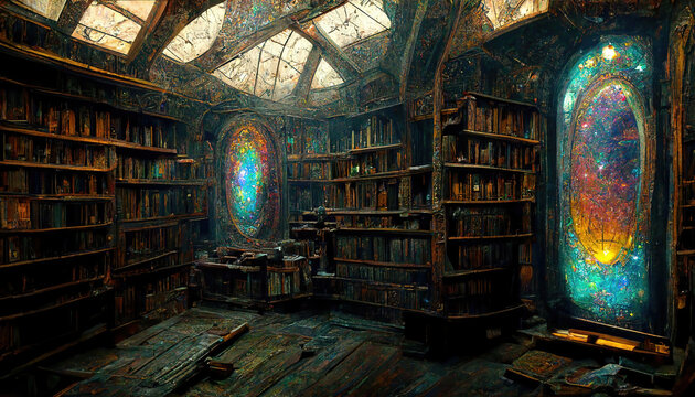 AI generated image of a colorful library of magic, with portals to pass though 