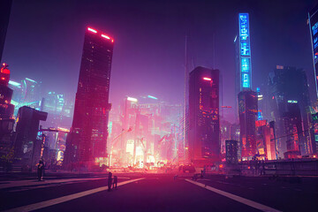 Fototapeta na wymiar Futuristic city with skyscrapers, traffic light, neon lights, utopistic cyberpunk dark mood
