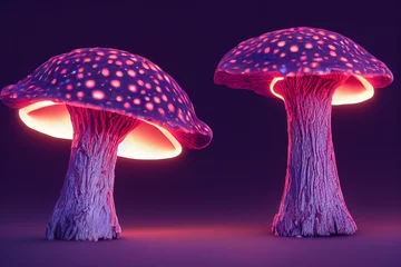 Foto op Plexiglas Magic Mushrooms with neon lights , purple colorful trippy concept, background © nastazia