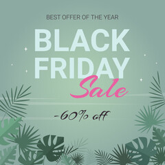 text black friday sale 60 off on background with tropical leaves