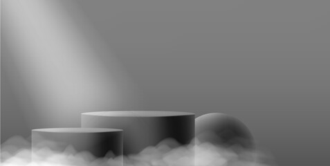 3d black cylinder empty pedestal with spotlight and sphere with clouds or fog, product scene showcase
