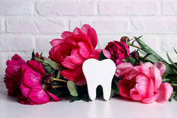 White tooth with pink peony flowers on white brick wall.