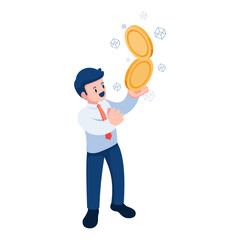 Isometric Businessman Holding Vertical Coin Stack