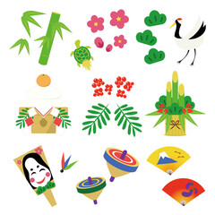 年賀状に使える、シンプルで可愛いお正月のイラスト素材セット　おめでたい、縁起物のイラスト詰め合わせ