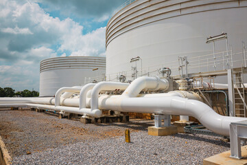 Steel long pipes and pipe elbow in station tank oil factory during refinery Petrochemistry industry