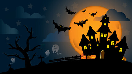 Halloween background with haunted house, bats, full moon, ghost, pumpkins and tree.