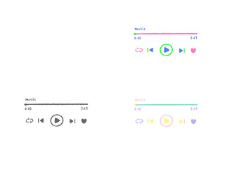 Music player style seek bar Simple and cute hand drawn illustration set of play button / ミュージックプレイヤー風シークバー 再生ボタンのシンプルでかわいい手描きイラストセット