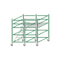 Mobile scaffolding, white background, used in construction areas.