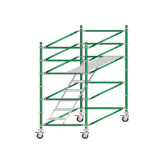 Mobile scaffolding, white background, used in construction areas.