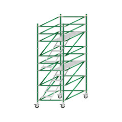Mobile scaffolding, white background, used in construction areas.
