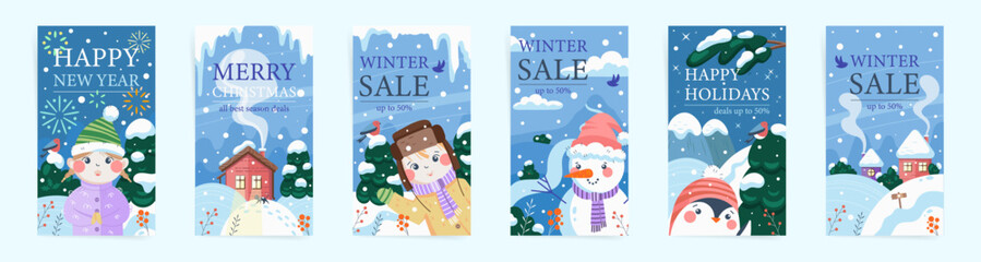Fototapeta na wymiar Set of cute cartoon winter backgrounds for social media stories. Hand drawn cards banners with snow, snowflakes. Winter scenes with boy, girl and snowman. Winter landscape on Christmas Eve. Vector.
