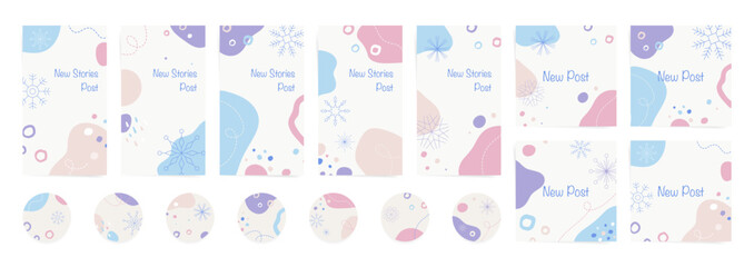 Winter social media stories and posts set. Abstract winter shapes with snowflakes, and wavy patterns. Ready to use modern minimal colorful backhrounds for social media stories and promo sale posts.