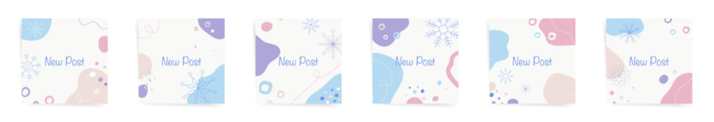 Winter social media posts backgrounds set. Abstract modern templates for square, sale promo posts, invitation, discount. Design with snowflakes, abstract shapes, wavy pattern in minimal style.
