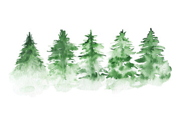 Watercolour green Christmas tree set. Hand drawn illustrations.
