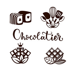 Set of vector logos for the confectioner. Chocolate, cocoa, sweets, confectionery. Ingredients for cake, sweets. Sweets, tasty, food. Confectioner's tools. We make chocolate. Lettering chocolatier.