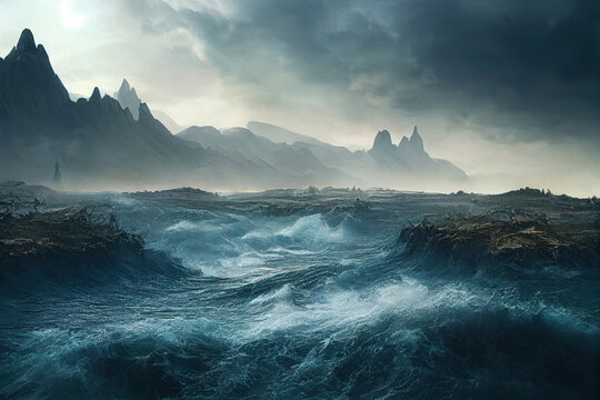 Fantasy landscape with sea and mountains, dramatic light, gorgeous nature digital painting