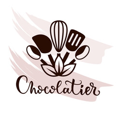 Candy store logo. Vector illustration with pastry tools. Whisk, spoon, blender, rolling pin, spatula. Cooking sweets. Logo for homemade desserts, cafes, restaurants.